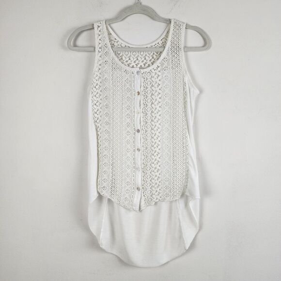 Cream Lace High-Low Top Sleeveless Button Up Sheer Blouse Small - Picture 5 of 13